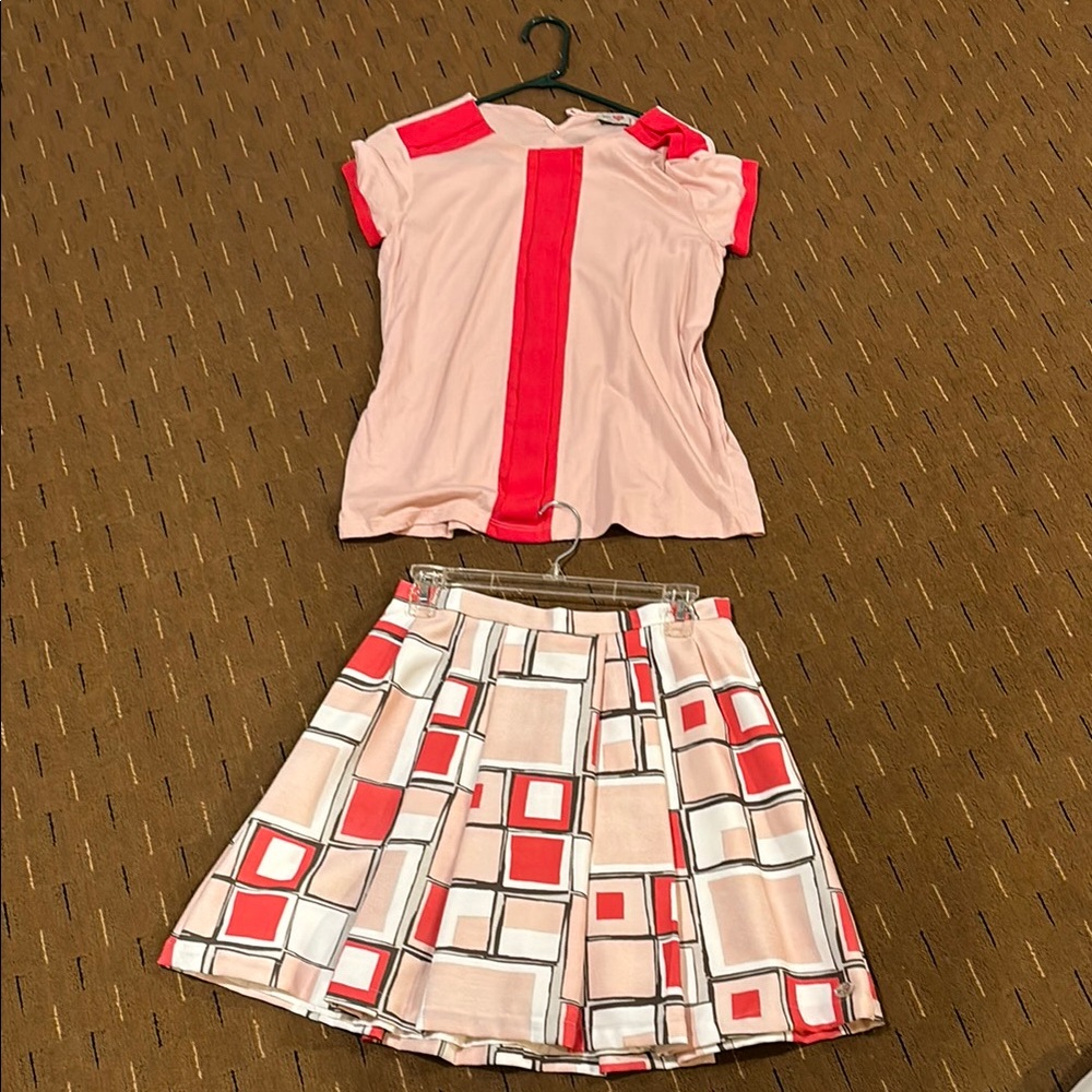 Pink and Red Top with Geometric Skirt Set